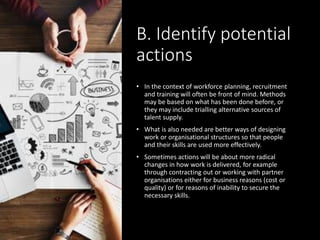 B. Identify potential
actions
• In the context of workforce planning, recruitment
and training will often be front of mind. Methods
may be based on what has been done before, or
they may include trialling alternative sources of
talent supply.
• What is also needed are better ways of designing
work or organisational structures so that people
and their skills are used more effectively.
• Sometimes actions will be about more radical
changes in how work is delivered, for example
through contracting out or working with partner
organisations either for business reasons (cost or
quality) or for reasons of inability to secure the
necessary skills.
 