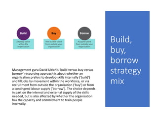 Build,
buy,
borrow
strategy
mix
Management guru David Ulrich’s ‘build versus buy versus
borrow’ resourcing approach is about whether an
organisation prefers to develop skills internally (‘build’)
and fill jobs by movement within the workforce, or via
recruitment from outside the organisation (‘buy’) or from
a contingent labour supply (‘borrow’). The choice depends
in part on the internal and external supply of the skills
needed, but is also affected by whether the organisation
has the capacity and commitment to train people
internally.
 