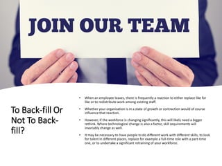 To Back-fill Or
Not To Back-
fill?
• When an employee leaves, there is frequently a reaction to either replace like for
like or to redistribute work among existing staff.
• Whether your organisation is in a state of growth or contraction would of course
influence that reaction.
• However, if the workforce is changing significantly, this will likely need a bigger
rethink. Where technological change is also a factor, skill requirements will
invariably change as well.
• It may be necessary to have people to do different work with different skills, to look
for talent in different places, replace for example a full-time role with a part-time
one, or to undertake a significant retraining of your workforce.
 