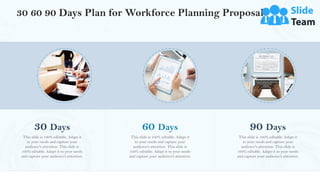 30 60 90 Days Plan for Workforce Planning Proposal
25
30 Days
This slide is 100% editable. Adapt it
to your needs and capture your
audience's attention. This slide is
100% editable. Adapt it to your needs
and capture your audience's attention.
60 Days
This slide is 100% editable. Adapt it
to your needs and capture your
audience's attention. This slide is
100% editable. Adapt it to your needs
and capture your audience's attention.
90 Days
This slide is 100% editable. Adapt it
to your needs and capture your
audience's attention. This slide is
100% editable. Adapt it to your needs
and capture your audience's attention.
 