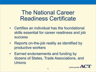 The National Career
Readiness Certificate
• Certifies an individual has the foundational
skills essential for career readi...