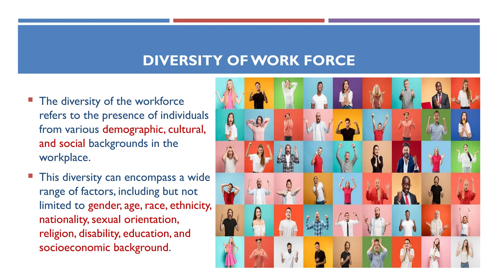 DIVERSITY OFWORK FORCE
 The diversity of the workforce
refers to the presence of individuals
from various demographic, cultural,
and social backgrounds in the
workplace.
 This diversity can encompass a wide
range of factors, including but not
limited to gender, age, race, ethnicity,
nationality, sexual orientation,
religion, disability, education, and
socioeconomic background.
 
