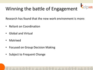 Winning the battle of Engagement
Research has found that the new work environment is more:
• Reliant on Coordination
• Global and Virtual
• Matrixed
• Focused on Group Decision Making
• Subject to Frequent Change
 