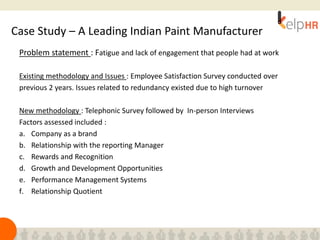 Case Study – A Leading Indian Paint Manufacturer
Problem statement : Fatigue and lack of engagement that people had at work
Existing methodology and Issues : Employee Satisfaction Survey conducted over
previous 2 years. Issues related to redundancy existed due to high turnover
New methodology : Telephonic Survey followed by In-person Interviews
Factors assessed included :
a. Company as a brand
b. Relationship with the reporting Manager
c. Rewards and Recognition
d. Growth and Development Opportunities
e. Performance Management Systems
f. Relationship Quotient
 