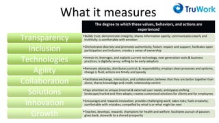 What it measures
•Builds trust; demonstrates integrity; shares information openly; communicates clearly and
truthfully; is comfortable with emotionTransparency
•Orchestrates diversity and promotes authenticity; fosters respect and support; facilitates open
participation and inclusion; creates a sense of ownershipInclusion
•Invests-in, leverages, and exploits current technology, next generation tools & business
practices; is digitally savvy; willing to be early adoptersTechnologies
•Removes obstacles, distributes control, & responsibility; employs clean processes and systems;
change is fluid; actions are timely and speedyAgility
•Facilitates exchange, interaction, and collaboration; believes that they are better together than
alone; shares knowledge and credit; relationship-centricCollaboration
•Pays attention to unique (internal & external) user needs; anticipates shifting
landscape/market and then adapts; creates customized solutions for clients and for employeesSolutions
•Encourages and rewards innovation; provides challenging work; takes risks; fuels creativity;
comfortable with mistakes; compelled by what is or what might be nextInnovation
•Teaches, develops, rewards; champions for health and welfare; facilitates pursuit of passion;
gives back; stewards to a shared prosperityGrowth
The degree to which these values, behaviors, and actions are
experienced
 