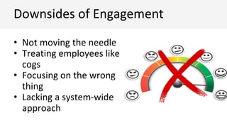 • Not moving the needle
• Treating employees like
cogs
• Focusing on the wrong
thing
• Lacking a system-wide
approach
Downsides of Engagement
 