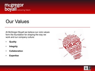 Our Values
At McGregor Boyall we believe our core values
form the foundation for shaping the way we
work and our company culture:
• Quality
• Integrity
• Collaboration
• Expertise
 