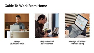 Guide To Work From Home
Set up
your workspace
Stay connected
to each other
Manage your time
and well-being
 
