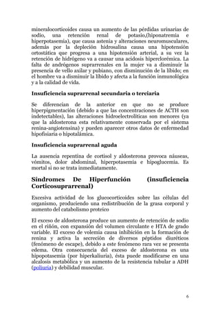 mineralocorticoides causa un aumento de las pérdidas urinarias de
sodio, una retención renal de potasio,(hiponatremia e
hiperpotasemia), que causa astenia y alteraciones neuromusculares,
además por la depleción hidrosalina causa una hipotensión
ortostática que progresa a una hipotensión arterial, a su vez la
retención de hidrógeno va a causar una acidosis hiperclorémica. La
falta de andrógenos suprarrenales en la mujer va a disminuir la
presencia de vello axilar y pubiano, con disminución de la líbido; en
el hombre va a disminuir la líbido y afecta a la función inmunológica
y a la calidad de vida.

Insuficiencia suprarrenal secundaria o terciaria

Se diferencian de la anterior en que no se produce
hiperpigmentación (debido a que las concentraciones de ACTH son
indetectables), las alteraciones hidroelectrolíticas son menores (ya
que la aldosterona esta relativamente conservada por el sistema
renina-angiotensina) y pueden aparecer otros datos de enfermedad
hipofisiaria o hipotalámica.

Insuficiencia suprarrenal aguda

La ausencia repentina de cortisol y aldosterona provoca náuseas,
vómitos, dolor abdominal, hiperpotasemia e hipoglucemia. Es
mortal si no se trata inmediatamente.

Síndromes De Hiperfunción                         (insuficiencia
Corticosuprarrenal)
Excesiva actividad de los glucocorticoides sobre las células del
organismo, produciendo una redistribución de la grasa corporal y
aumento del catabolismo proteico

El exceso de aldosterona produce un aumento de retención de sodio
en el riñón, con expansión del volumen circulante e HTA de grado
variable. El exceso de volemia causa inhibición en la formación de
renina y activa la secreción de diversos péptidos diuréticos
(fenómeno de escape), debido a este fenómeno rara vez se presenta
edema. Otra consecuencia del exceso de aldosterona es una
hipopotasemia (por hiperkaliuria), ésta puede modificarse en una
alcalosis metabólica y un aumento de la resistencia tubular a ADH
(poliuria) y debilidad muscular.




                                                                   6
 