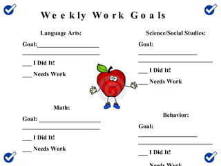 Weekly Work Goals Language Arts:  Goal:_____________________________________________ ___ I Did It! ___ Needs Work Math: Goal: ____________________ _________________________ ___ I Did It! ___ Needs Work Science/Social Studies: Goal: ___________________ ________________________ ___ I Did It! ___ Needs Work Behavior: Goal: ___________________ ________________________ ___ I Did It! ___ Needs Work   