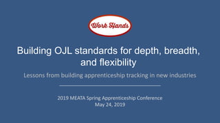 Building OJL standards for depth, breadth,
and flexibility
Lessons from building apprenticeship tracking in new industries
2019 MEATA Spring Apprenticeship Conference
May 24, 2019
 