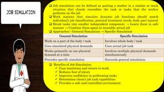  Job simulation can be defined as putting a worker in a similar or mock
situation that closely resembles the task or tasks that the worker
performs on the job
 Work stations that simulate dynamic job functions should match
individual’s job classification, postural treatment needs, body part injured
 Break tasks into smaller independent component → Learn them in safe
manner → Combine them again to resemble actual job
 Approaches : General Simulation → Specific Simulation
 Benefits of Job Simulation
 Case resolution and return to work
 Reduces fear of injury
 Improves confidence in performing tasks
 Determines client’s job task capabilities
 Provides a safe and controlled environment
General Simulation Specific Simulation
Work on a part of the body / task Involves whole body / task
Uses simulated physical demands Uses actual job task
Works primarily on one physical
demand at a time
Involves multiple physical demands
simultaneously
Precedes specific simulation Succeeds general simulation
 