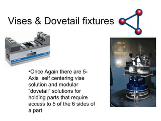 Vises & Dovetail fixtures Once Again there are 5-Axis  self centering vise solution and modular “dovetail” solutions for holding parts that require access to 5 of the 6 sides of a part 