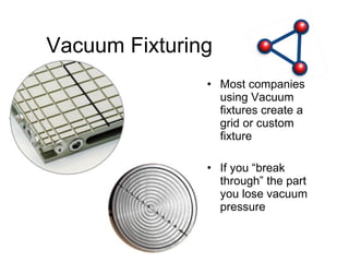 Vacuum Fixturing Most companies using Vacuum fixtures create a grid or custom fixture If you “break through” the part you lose vacuum pressure 