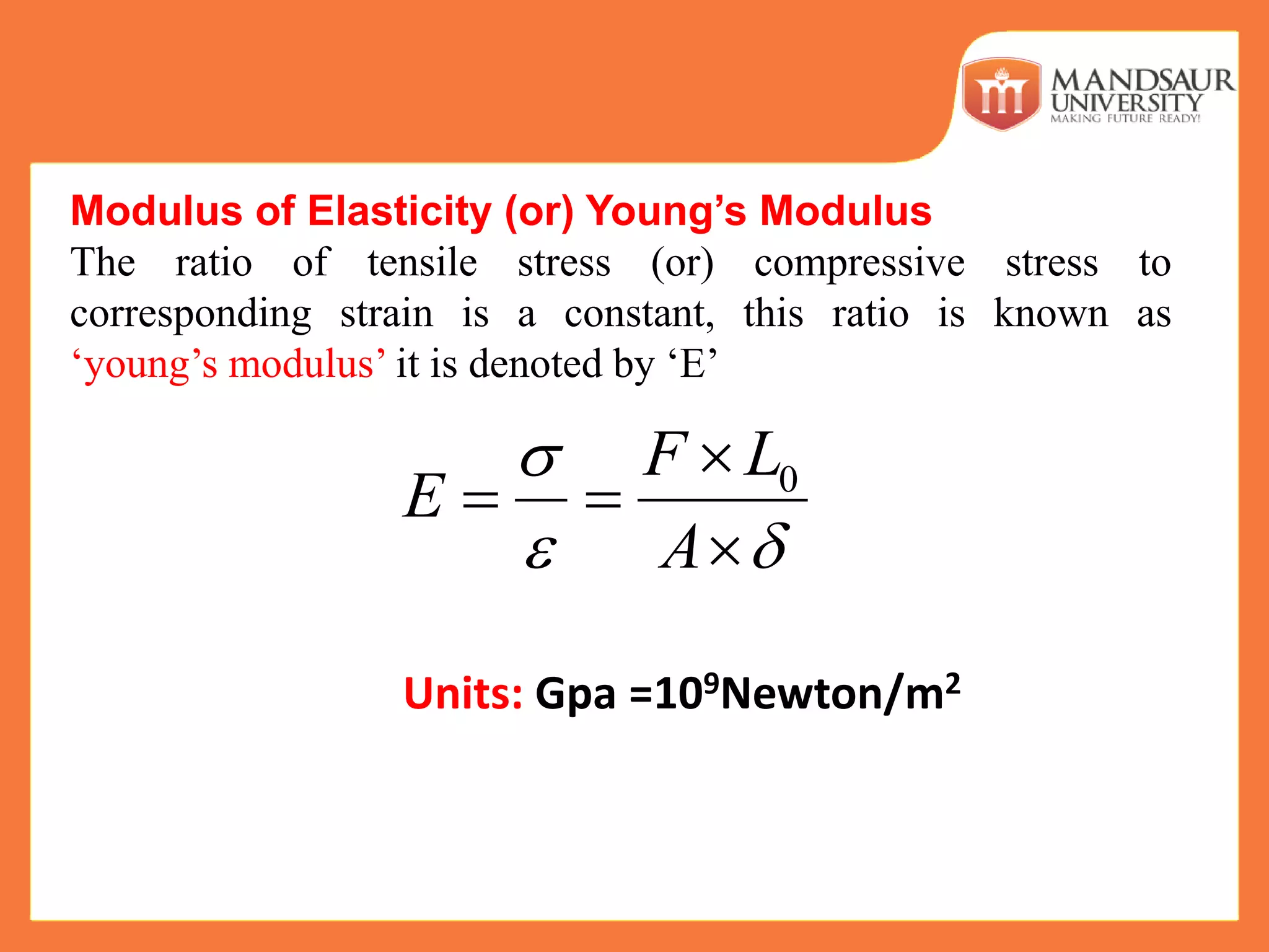 Modulus of Elasticity (or) Young’s Modulus
The ratio of tensile stress (or) compressive stress to
corresponding strain is a constant, this ratio is known as
‘young’s modulus’ it is denoted by ‘E’
0F L
E
A

 

 

Units: Gpa =109Newton/m2
 
