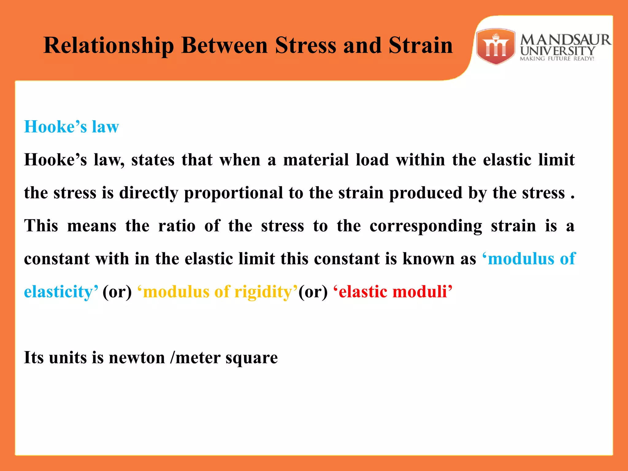 Hooke’s law
Hooke’s law, states that when a material load within the elastic limit
the stress is directly proportional to the strain produced by the stress .
This means the ratio of the stress to the corresponding strain is a
constant with in the elastic limit this constant is known as ‘modulus of
elasticity’ (or) ‘modulus of rigidity’(or) ‘elastic moduli’
Its units is newton /meter square
Relationship Between Stress and Strain
 