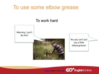 To use some elbow grease
To work hard
Image shared under CC0
Yes you can! Just
use a little
elbow grease!
Mommy, I can’t
do this!
 