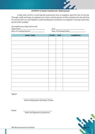 SHS Work Immersion Portfolio Page 30
ACTIVITY 22 |Daily Task Record / Daily Journal
A daily task record is a work log that summarizes how an employee spent his time on the job.
Through a daily work log, an employee can create a mental picture of what comprises his day and how
he uses his time. It is also helpful in understanding how productive an employee is during a particular
period of the workday.
Accomplish your daily task record.
Department: ____________________________________ Area: ___________________________________________
Date of Tracking Started: _____________________ Date of Tracking Ended: ________________________
DAILY TASK START END COMMENTS
Signed:
____________________________________________
Name and Signature of Student-Trainee
Noted: ____________________________________________
Name and Signature of Supervisor
 