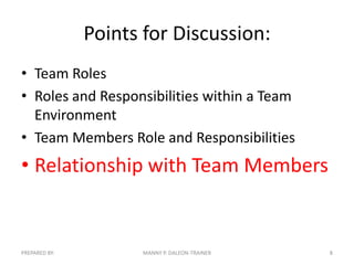 Points for Discussion:
• Team Roles
• Roles and Responsibilities within a Team
Environment
• Team Members Role and Responsibilities

• Relationship with Team Members

PREPARED BY:

MANNY P. DALEON-TRAINER

8

 