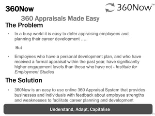 11
The Problem
The Solution
360Now
360 Appraisals Made Easy
‣ In a busy world it is easy to defer appraising employees and
planning their career development …..
But
‣ Employees who have a personal development plan, and who have
received a formal appraisal within the past year, have significantly
higher engagement levels than those who have not - Institute for
Employment Studies
‣ 360Now is an easy to use online 360 Appraisal System that provides
businesses and individuals with feedback about employee strengths
and weaknesses to facilitate career planning and development
Understand, Adapt, Capitalise
 