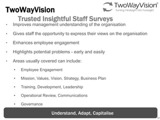 12
TwoWayVision
Trusted Insightful Staff Surveys
‣ Improves management understanding of the organisation
‣ Gives staff the opportunity to express their views on the organisation
‣ Enhances employee engagement
‣ Highlights potential problems - early and easily
‣ Areas usually covered can include:
• Employee Engagement
• Mission, Values, Vision, Strategy, Business Plan
• Training, Development, Leadership
• Operational Review, Communications
• Governance
Understand, Adapt, Capitalise
 