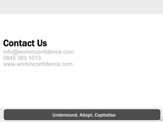 13
info@workinconfidence.com
0845 383 1013
www.workinconfidence.com
Contact Us
Understand, Adapt, Capitalise
 