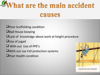 Poor Scaffolding condition
Bad House keeping
Lack of knowledge about work at height procedure
Use of jugad
 With out Use of PPE’s
With out use Fall protection systems
Poor Health condition
 