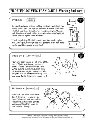 PROBLEM SOLVING TASK CARDS -Working Backwards
Problem 7
Six people entered a block building contest. Lynda built her
pile of blocks twice as high as Selwyn’s. Michelle created a
pile that was three times higher than Lynda’s pile. Warren
built his pile one block higher than Michelle’s. Jane’s pile of
blocks was six higher than Warren’s.
If Adrian piled up 27 blocks, which was two blocks higher
than Jane’s pile, how high was each person’s pile? How many
blocks would be needed altogether?
Problem 8
Four girls each caught a fish while at the
beach. Teri’s was double the size of
Jane’s. Jane’s fish was shorter than
Lynn’s by nine centimetres. Lynn’s was
18 centimetres longer than Reina’s who
caught a fish 30 centimetres long. How
long were Teri’s, Jane’s and Lynn’s fish?
Problem 9
Joshua is five years older than
David. Simon is four years older
than Joshua and nine years older
than David. Simon’s and David’s
ages added together equal 15.
How old are the boys?
© Blake Education—Problem Solving: Working Backwards
This page may be reproduced by the original purchaser for non-commercial classroom use.
9
Level
2
Level
2
Level
2
Space
Measurement
3
12
Number
 