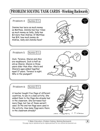 PROBLEM SOLVING TASK CARDS -Working Backwards
Problem 4
Jemima has twice as much money
as Matthew. Jemima has four times
as much money as Sally. Sally has
$3 more than Andrew. If Matthew
has $14, how much money do
Andrew, Sally and Jemima have?
Problem 5
Jack, Terence, Sharon and Alex
are neighbours. Jack is half as
old as Sharon. Sharon is three
years older than Alex. Alex’s and
Sharon’s ages added together
equal 17 years. Terence is eight.
Who is the youngest?
Problem 6
A teacher bought five flags of different
countries, to use in a class activity. She
added them to the flags she already had
in the classroom. She borrowed four
more flags, but two of these weren’t
used. In the end ten flags were used in
the activity. How many flags were there
in the classroom already?
© Blake Education—Problem Solving: Working Backwards
This page may be reproduced by the original purchaser for non-commercial classroom use.
8
Level
1
Level
1
Level
1
3
12
Number
3
12
Number
3
12
Number
 