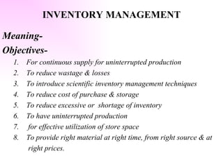 INVENTORY MANAGEMENT Meaning- Objectives- For continuous supply for uninterrupted production To reduce wastage & losses To introduce scientific inventory management techniques To reduce cost of purchase & storage To reduce excessive or  shortage of inventory To have uninterrupted production for effective utilization of store space To provide right material at right time, from right source & at right prices. 