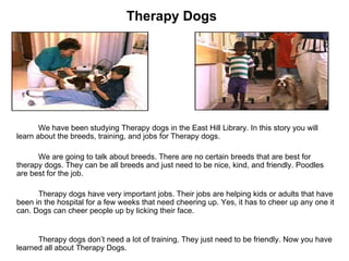 Therapy Dogs We have been studying Therapy dogs in the East Hill Library. In this story you will learn about the breeds, training, and jobs for Therapy dogs. We are going to talk about breeds. There are no certain breeds that are best for therapy dogs. They can be all breeds and just need to be nice, kind, and friendly. Poodles are best for the job. Therapy dogs have very important jobs. Their jobs are helping kids or adults that have been in the hospital for a few weeks that need cheering up. Yes, it has to cheer up any one it can. Dogs can cheer people up by licking their face.  Therapy dogs don’t need a lot of training. They just need to be friendly. Now you have learned all about Therapy Dogs.  