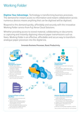 Digitise Your Advantage. Technology is transforming business processes.
The demand for instant access to information and instant collaboration across
numerous devices means anything that can be digitised will be digitised.
Respond to this demand quickly, affordably and securely with the innovative
Working Folder service from Fuji Xerox Cloud Solutions.
Whether providing access to stored material, collaborating on documents
or capturing and instantly digitising inbound paper transmissions such as
faxes, Working Folder is an effective, affordable and secure way to transform
analogue paper processes into the digital era.
Working Folder
Innovate Business Processes, Boost Productivity
Document 
Management System
•	 Migrate paper based
processes seamlessly from
analogue to digital
•	 Leverage on existing
document management
systems as Cloud portals
•	 Document and Content
Storage Facility
•	 Structured document view for
ease of access and viewing
Secured Document
Collaboration
•	 Control user access with multi-access
login rights
•	 Provide flexible, collaborative work
environments without compromising
on data security
•	 Protect document processes
with firewall, data encryption and
access logging
Integrated Paper-to-Cloud
Workflow
•	 Innovate business processes and
boost productivity
•	 Capture and immediately digitise
inbound paper transmissions for
instant delivery to cloud
•	 Scan and upload documents directly
to the Cloud from a MFD interface
•	 Print directly from the Cloud
Mobilise Workflow Productivity
•	 Create collaborative networks and
results among users
•	 Access, edit and manage business
documentation from mobile platforms*
•	 Support on-the-go productivity levels
•	 Multi-platform: Smartphone and
tablet compatible
•	 Receive incoming faxes anywhere, anytime
*Requires Mobile Integrated Application (Sold Separately)
 