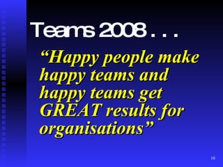 Teams 2008 . . . “ Happy people make happy teams and happy teams get GREAT results for organisations” 
