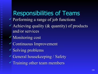 Responsibilities of Teams Performing a range of job functions Achieving quality (& quantity) of products and/or services Monitoring cost Continuous Improvement Solving problems General housekeeping / Safety Training other team members 
