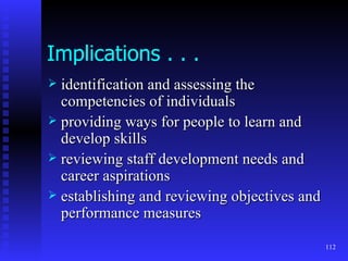 Implications . . . identification and assessing the competencies of individuals providing ways for people to learn and develop skills reviewing staff development needs and career aspirations  establishing and reviewing objectives and performance measures 