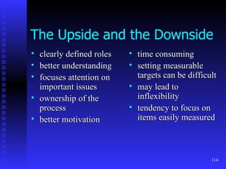 The Upside and the Downside clearly defined roles better understanding focuses attention on important issues ownership of the process better motivation time consuming setting measurable targets can be difficult may lead to inflexibility tendency to focus on items easily measured 