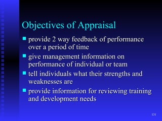 Objectives of Appraisal provide 2 way feedback of performance over a period of time give management information on performance of individual or team tell individuals what their strengths and weaknesses are provide information for reviewing training and development needs 