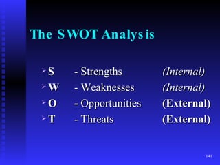 The SWOT Analysis S - Strengths   (Internal) W - Weaknesses  (Internal) O -  Opportunities  (External) T - Threats   (External) 