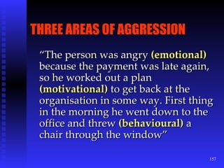 THREE AREAS OF AGGRESSION “ The person was angry  (emotional)  because the payment was late again, so he worked out a plan  (motivational)  to get back at the organisation in some way. First thing in the morning he went down to the office and threw  (behavioural)  a chair through the window” 