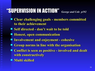 “ SUPERVISION IN ACTION”   George and Cole  p192 Clear challenging goals - members committed to their achievement Self directed - don’t wait to be told Honest, open communication Involvement and enjoyment - cohesive Group norms in line with the organisation Conflict is seen as positive - involved and dealt with constructively Multi skilled 