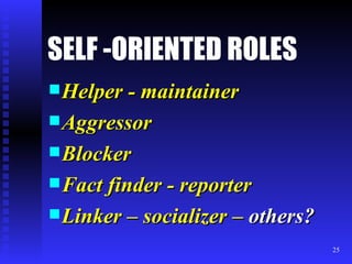 SELF -ORIENTED ROLES Helper - maintainer Aggressor Blocker Fact finder - reporter Linker – socializer –  others? 