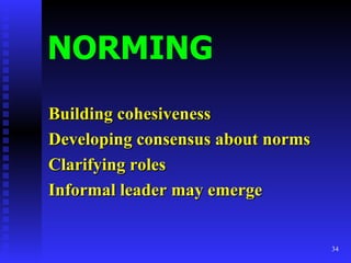 NORMING Building cohesiveness Developing consensus about norms Clarifying roles Informal leader may emerge 