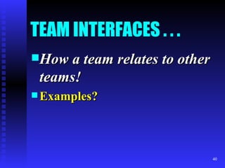 TEAM INTERFACES . . . How a team relates to other teams! Examples? 