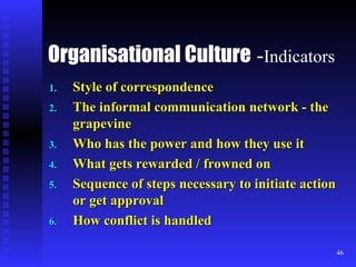 Organisational Culture   - Indicators Style of correspondence The informal communication network - the grapevine Who has the power and how they use it What gets rewarded / frowned on Sequence of steps necessary to initiate action or get approval How conflict is handled 