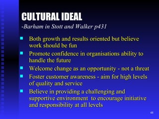 CULTURAL IDEAL - Barham in Stott and Walker p431 Both growth and results oriented but believe work should be fun Promote confidence in organisations ability to handle the future Welcome change as an opportunity - not a threat Foster customer awareness - aim for high levels of quality and service Believe in providing a challenging and supportive environment  to encourage initiative and responsibility at all levels 