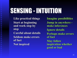 SENSING - INTUITION Like practical things Start at beginning and work step by step Careful about details Seldom make errors of fact Not inspired Imagine possibilities Jump in anywhere - make inferences Ignore details Perhaps make errors of fact May follow inspiration whether good or bad 