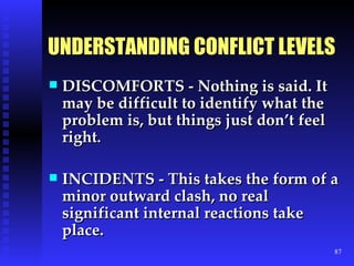UNDERSTANDING CONFLICT LEVELS DISCOMFORTS - Nothing is said. It may be difficult to identify what the problem is, but things just don’t feel right. INCIDENTS - This takes the form of a minor outward clash, no real significant internal reactions take place. 