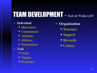 TEAM DEVELOPMENT   -  Stott & Walker p84 Individual Motivation Commitment Attitudes Abilities Participation Task Goals Targets Processes Organisation Structure Support Rewards Culture 