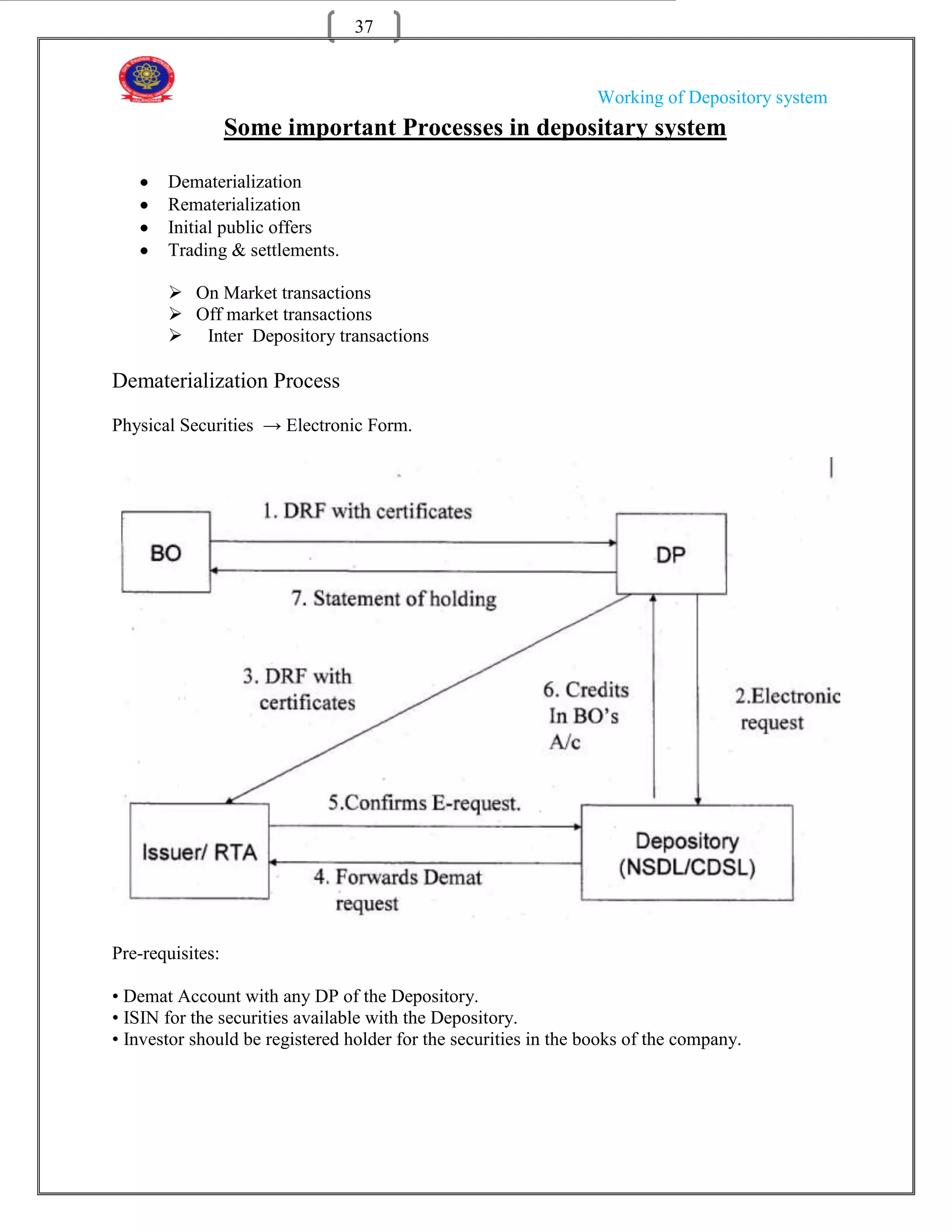 37


                                                                  Working of Depository system
                  Some important Processes in depositary system

       Dematerialization
       Rematerialization
       Initial public offers
       Trading & settlements.

        On Market transactions
        Off market transactions
        Inter Depository transactions

Dematerialization Process
Physical Securities → Electronic Form.




Pre-requisites:

• Demat Account with any DP of the Depository.
• ISIN for the securities available with the Depository.
• Investor should be registered holder for the securities in the books of the company.
 