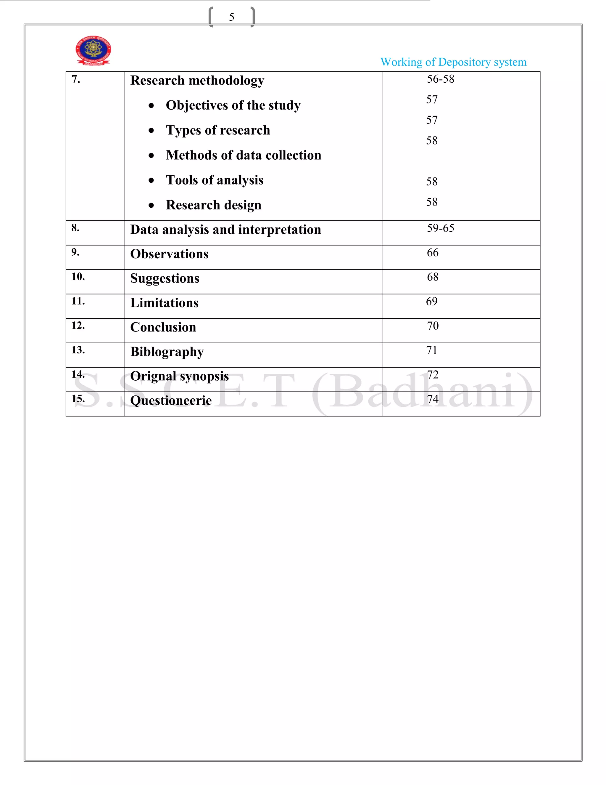 5


                                         Working of Depository system
7.    Research methodology                       56-58
                                                 57
           Objectives of the study
                                                 57
           Types of research
                                                 58
           Methods of data collection
           Tools of analysis                     58

           Research design                       58

8.    Data analysis and interpretation           59-65
9.    Observations                               66
10.   Suggestions                                68

11.   Limitations                                69
12.   Conclusion                                 70

13.   Biblography                                71
14.   Orignal synopsis                           72
15.   Questioneerie                              74
 